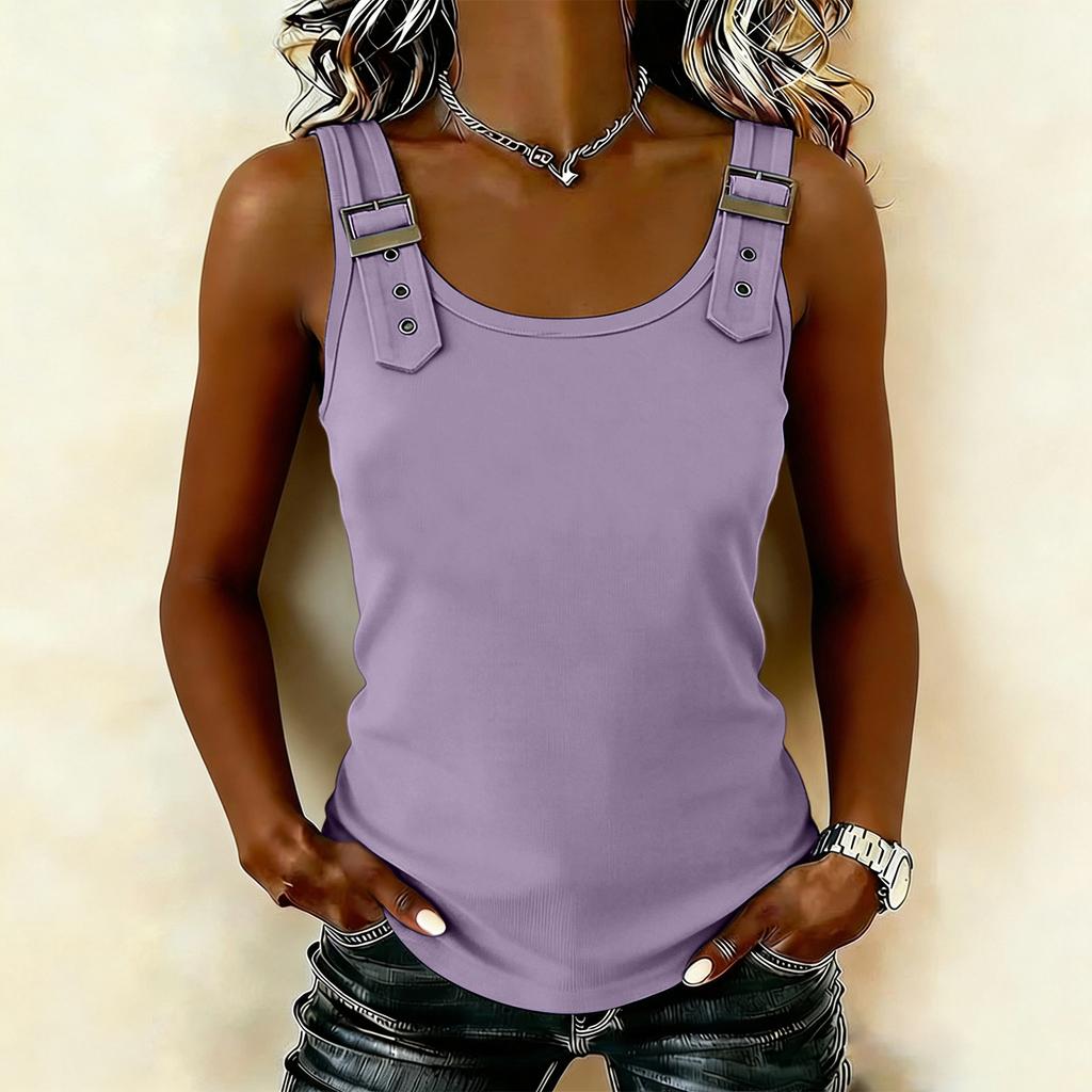 Women Casual Loose Fit Tank Top Adjustable Strap Buckle Detail Sleeveless Summer Shirt Soft Fabric Comfortable Fit