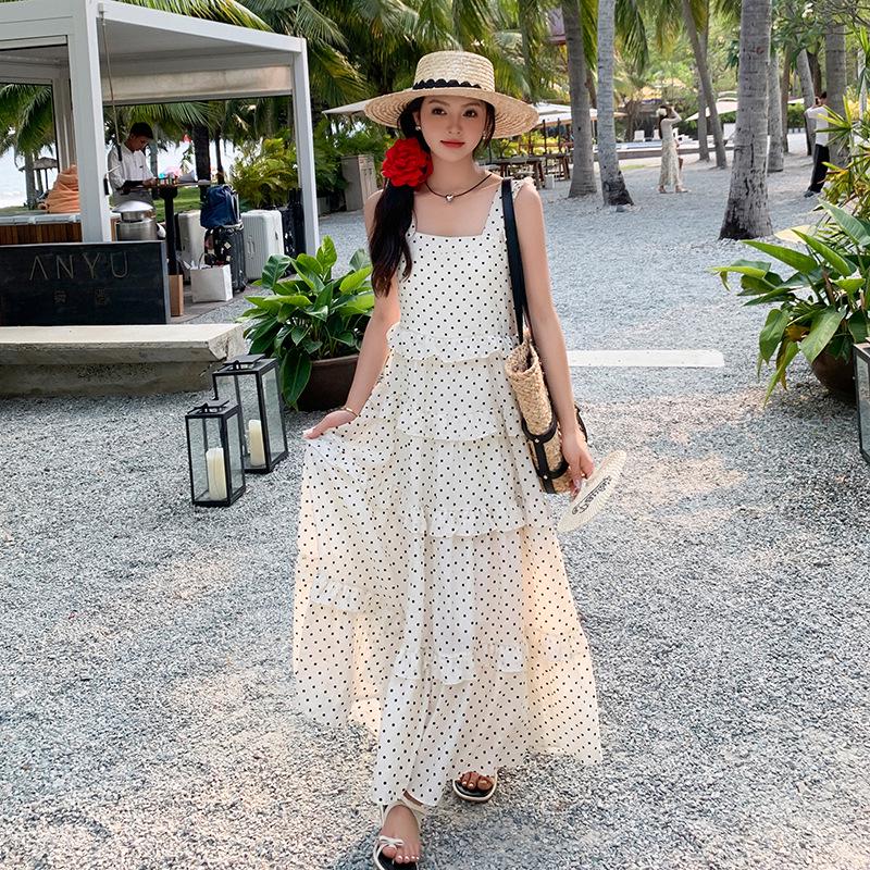 

Платье с квадратным воротником в французский горошек, талией в стиле пэчворк, длинной юбкой на подтяжках с подвесками и новыми серьгами 2024 года Large