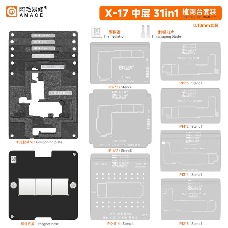AMAOE IP X-17 28 IN 1 Middle Layer Reballing Stencil Platform for iPhone X XR 11 12 13 14 15 16 17 Pro Max Mini Plus Tools Kit
