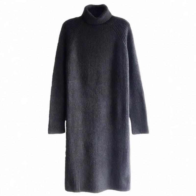 Womens High Neck Long Knit Dress Winter Thick Warm Over-Knee Sweater Pure Color Straight Cut Midi To Maxi