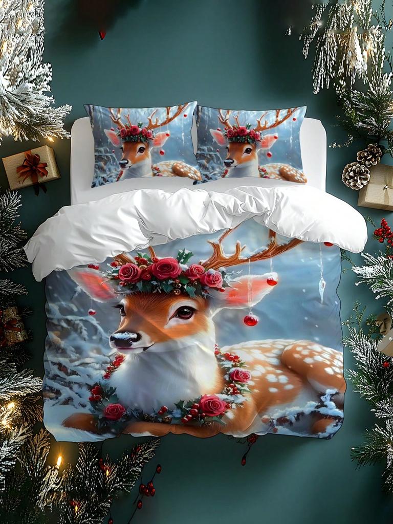 2/3ks Vánoční stromek Dárek Vzor sněhové vločky Sob Santa Claus Měkká sada povlaku na peřinu Vhodná do ložnice, pokoje pro hosty