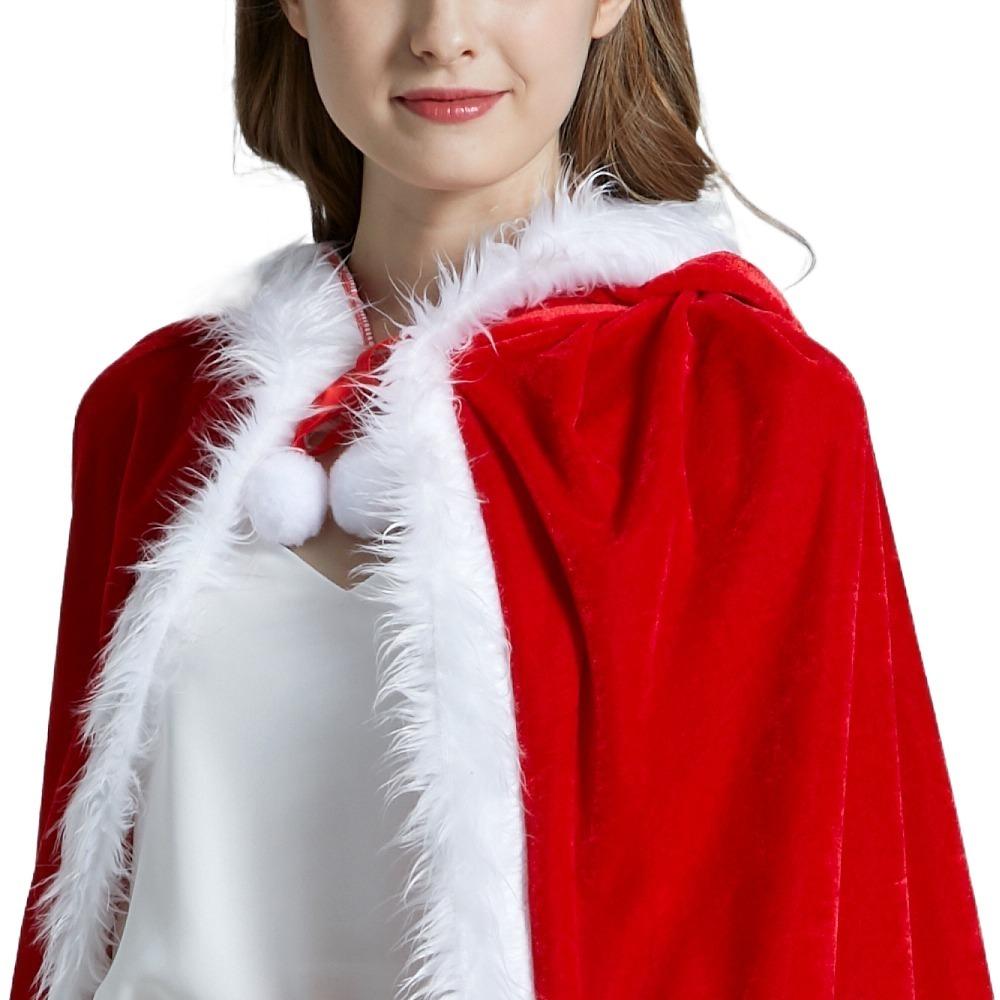 Plush Hooded Ponchos Polyester Christmas Cosplay Costume Windproof Red Xmas Cape Autumn Winter