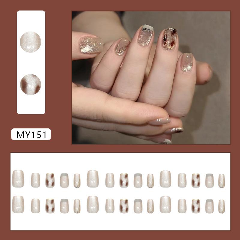 Gentle milk blue gilt French dark brown smudge cat s eye European and American ins style manicure patch removable 30 pieces