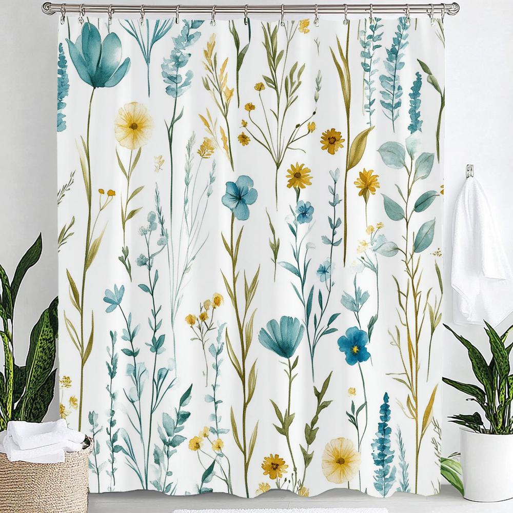 

Elegant Blue Floral Print Waterproof Shower Curtain Partition Privacy Hanging Curtain With Hooks Multiple Size Machine Washable W60H190(CM)-1 Pcs