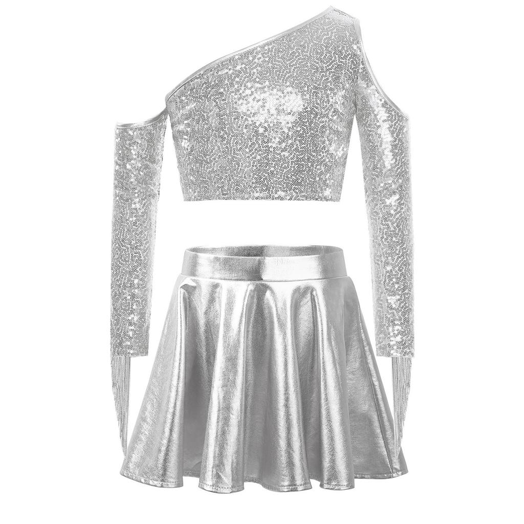 Kids Girls Metallic Stage Costume: One Shoulder Long Sleeve Sequined Crop Top & High Waist Pleated A-Line Skirt for Jazz Dance
