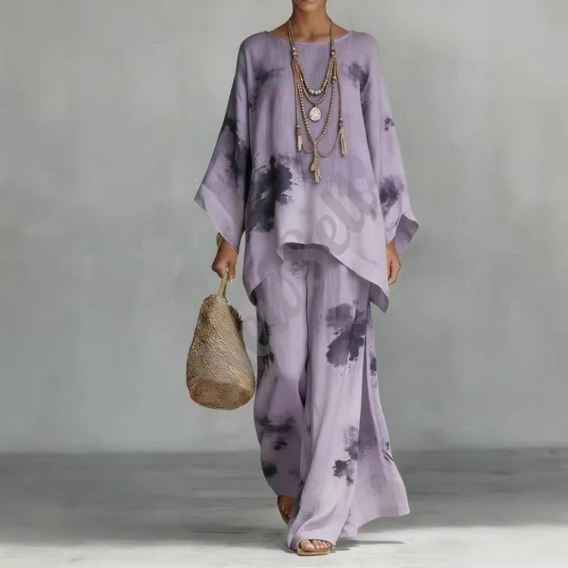 European and American lazy style two-piece set, loose bat-sleeved top + drape wide-leg pants casual suit for women