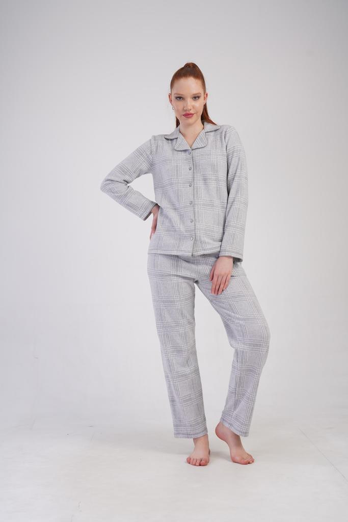Women's Interlock Pajama Long Pants Collar XXL Vienetta Button-up