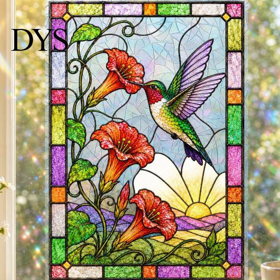 Wiederverwendbare Kolibri-Fensteraufkleber Buntglas Statische Aufkleber, Blumenaufkleber, Abnehmbare Festliche Dekoration PVC-Aufkleber für Haus Tür Wintergarten Sichtschutz