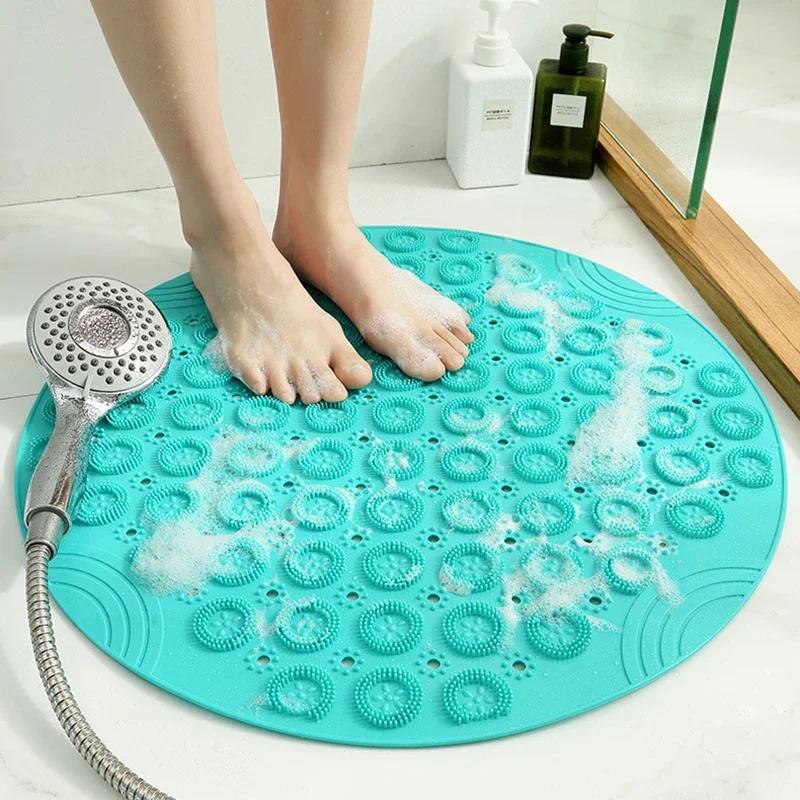 Bathroom Accessories Set: Round Non-Slip Bath Mat, Safety Shower PVC Bathroom Mat With Drain Hole, Plastic Massage Foot Pad