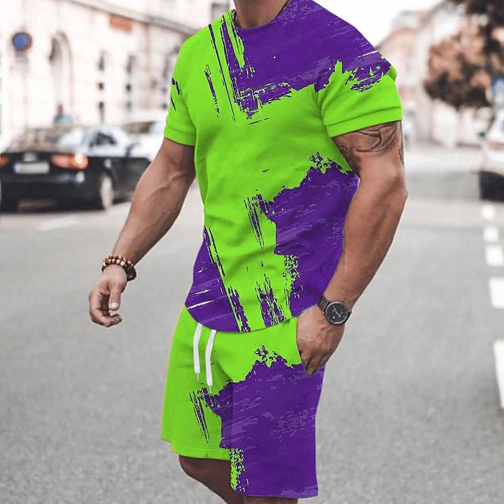 Men's Color Block Pattern 2pcs Tees sets Summer Tops Short Sleeve Short Pants Crew Neck Sport Casual Outdoor Vacation Daily Printed