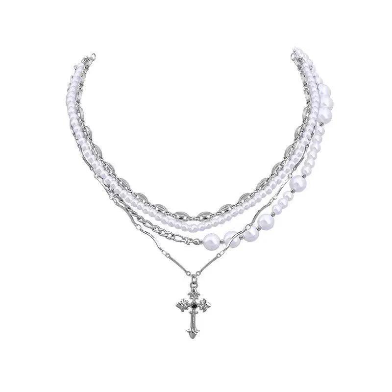 Multi-layer Pearl Cross Necklace: Sweet, Cool, Spicy Girl Choker for Women with Niche Design.