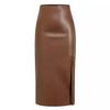 PU Leather High Waisted Zipper Midi Skirt: Autumn/Winter Bodycon Slit Skirt for Women