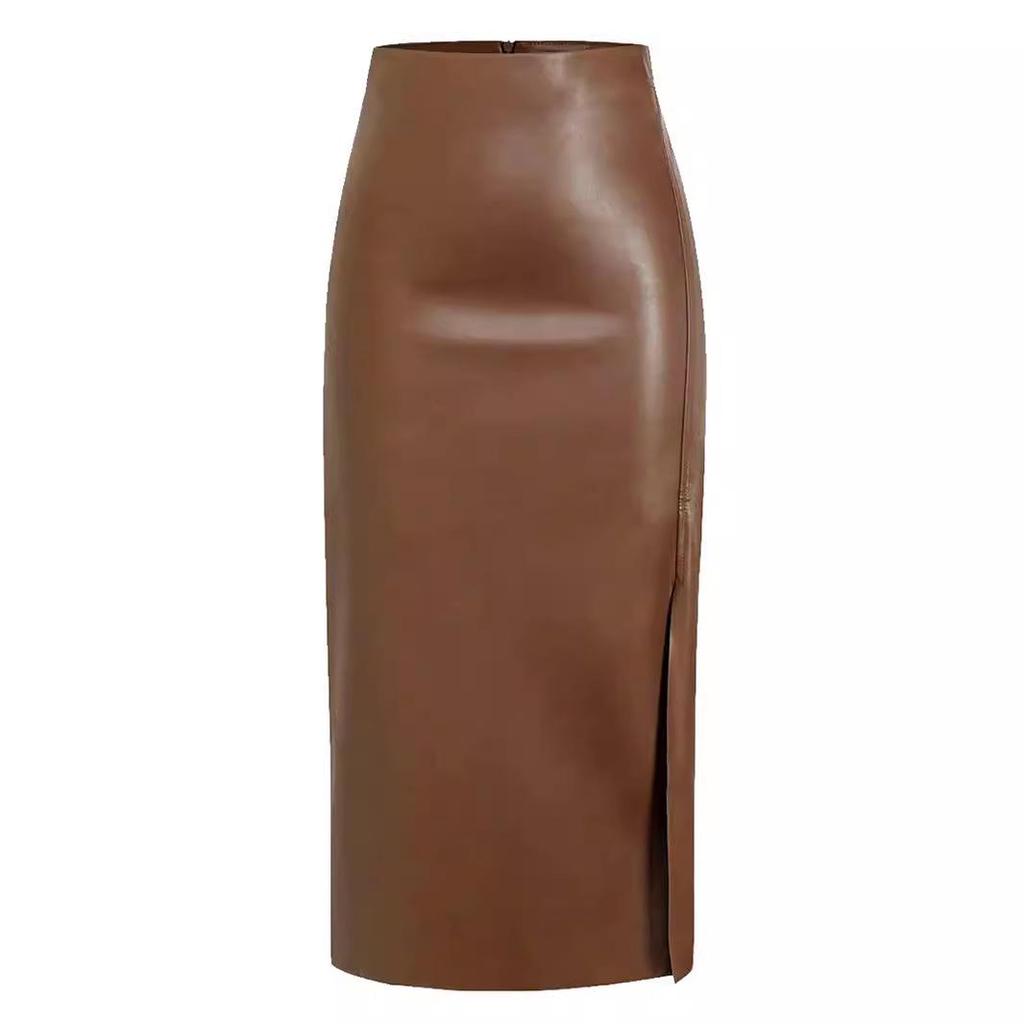 PU Kůže Sukně Midi se Zipem s Vysokým Pasem: Podzimní/Zimní Bodycon sukně s rozparkem pro ženy