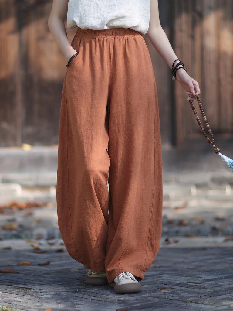 Johnature Women Vintage Bloomers Pants Solid Color Elastic Waist Trousers Autumn Pockets Soft Loose Pants