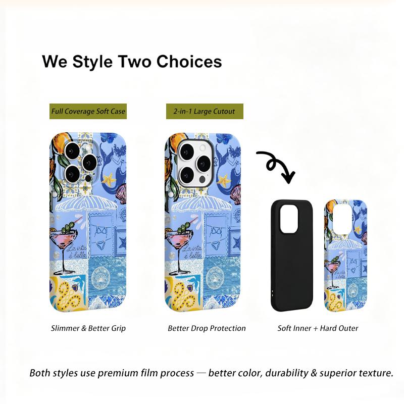 Playful Mediterranean Summer Coastal Collage Graphic Art Film Aesthetic Protective Shockproof Bumper Phone Case Cover For iPhone 14 15 16 Pro Max Plus
