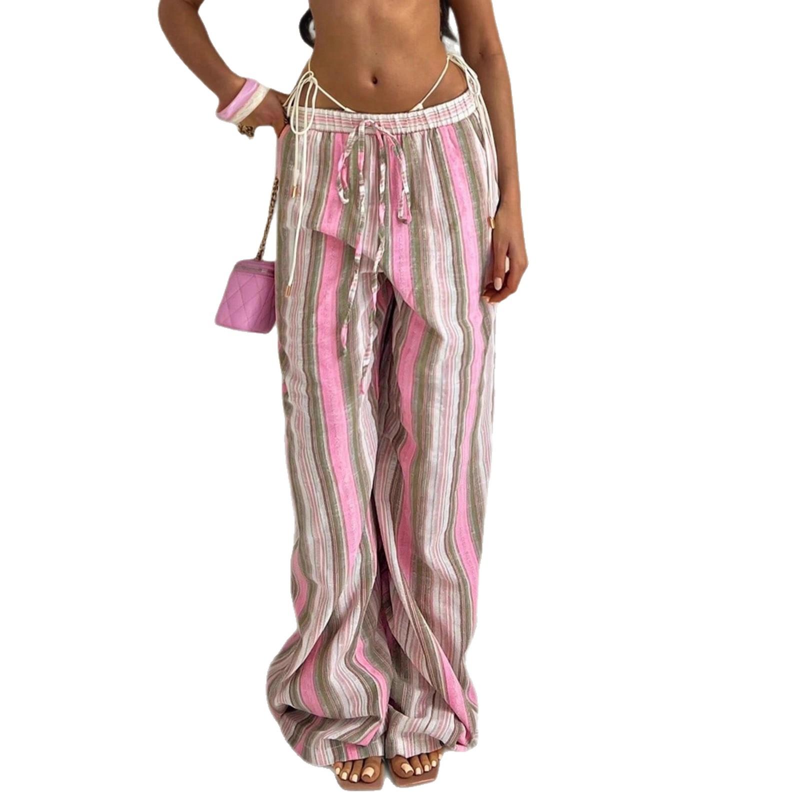 

Женские полосатые повседневные брюки с эластичной талией и широкими штанинами, модный курортный стиль S розовый