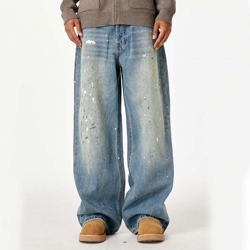 Mens Loose Straight Fit Denim Jeans Water Washed Vintage Streetwear Style Cotton Blend