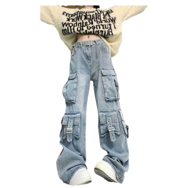 

Американская уличная рабочая одежда Джинсы Женские дизайнерские свободные брюки с несколькими карманами и высокой талией L синий