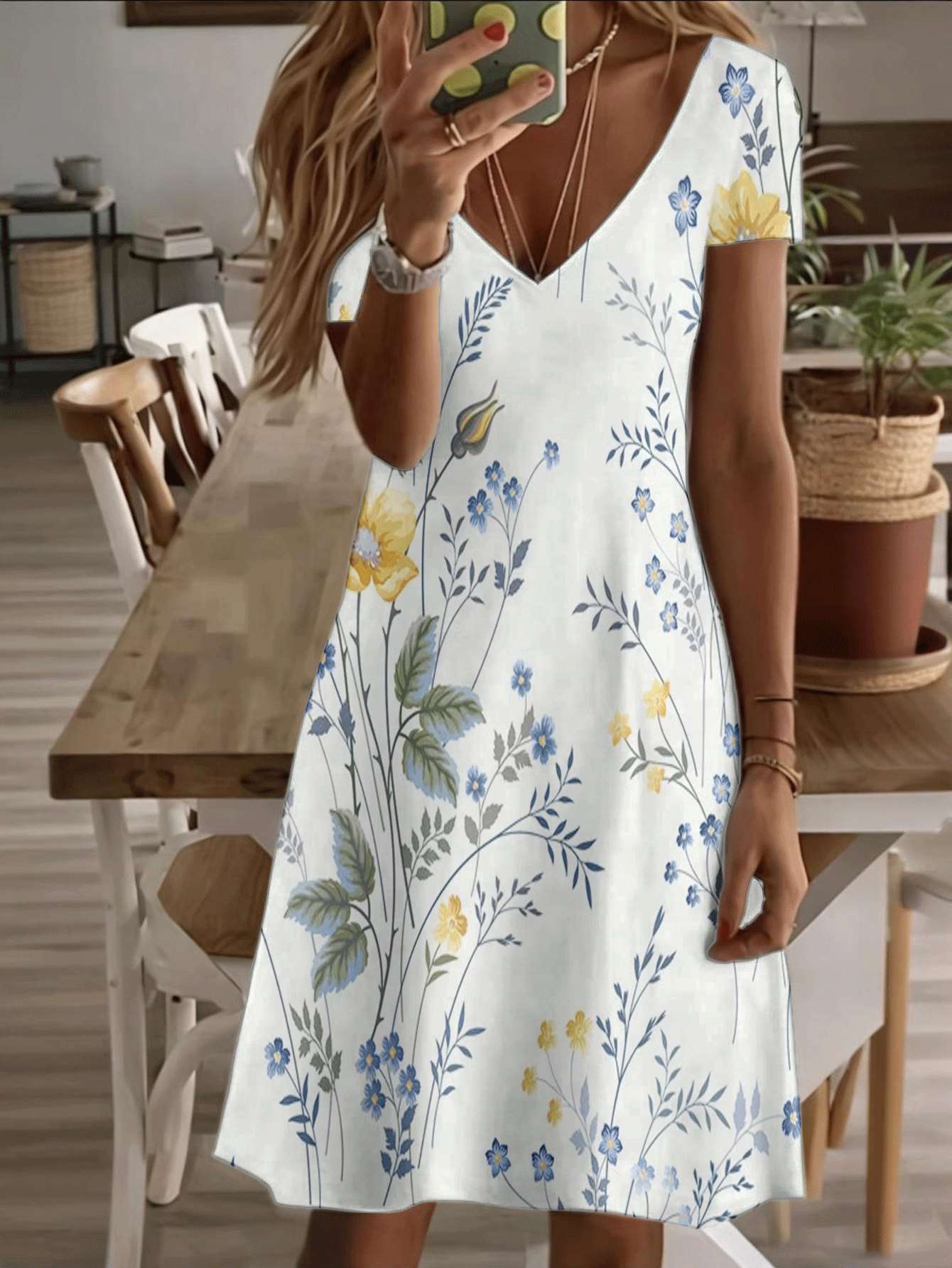 

Vneck shortsleeve midi dress floral summer women dress blue yellow flower print pattern 3D premium printing durable and breathable casual fashion L дубильная кора