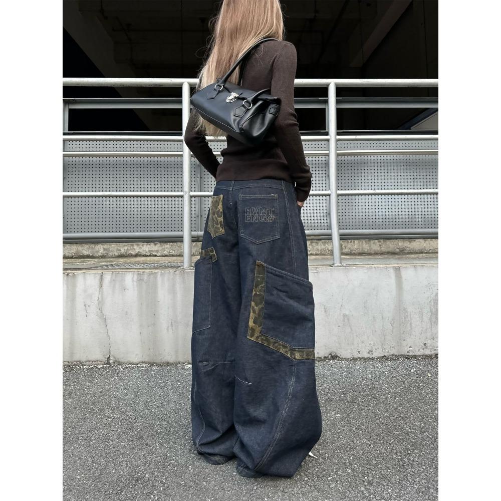 Retro Lampart Łączone Spodnie Cargo Damskie Y2k Hip Hop Causal Luźne Kieszenie Koreańskie Szerokie Nogawki Spodnie Jeansowe Harajuku Szyk Spodnie