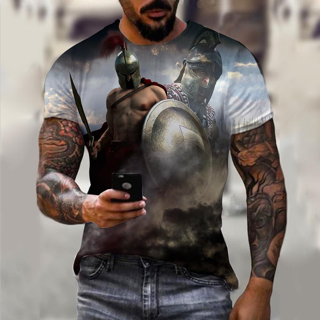 Sparta Neues Mode Heldenmuster T-Shirt Europäische und Amerikanische Sommer Mode Kurzarm Oberteile Lässig Personalisierte Aufdrucke Rundhals Streetwear