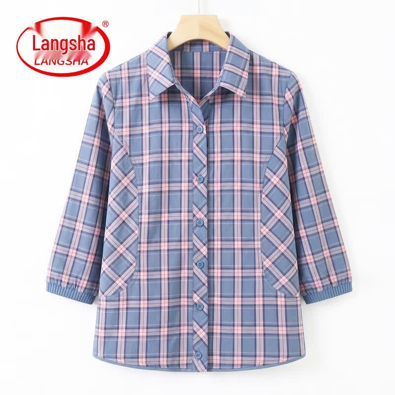 Langsha Women s Plaid 3/4 Sleeve Summer Shirt 2XL