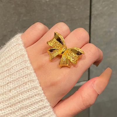 New Sand Gold Bow Open Ring, Simple Temperament Ring, Index Finger Ring, Light Luxury and Versatile Jewelry.