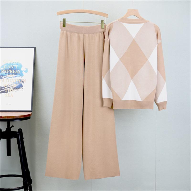 Color Blocking Grid V Neck Knitted Cardigan Fashion Set  Elegant And Wide Leg Pants For Women Two Piece Set