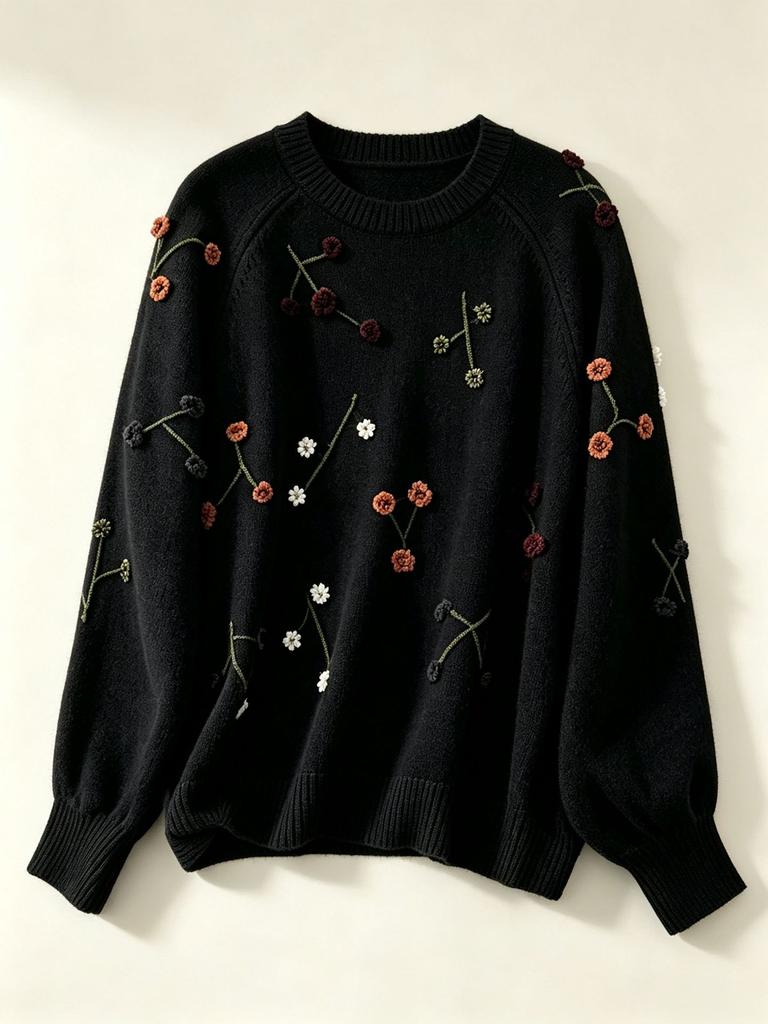 European and American Heavy Industry 3D Embroidered Knitwear for Women, New Autumn/Winter Beaded Floral Crew Neck Loose Casual Sweater