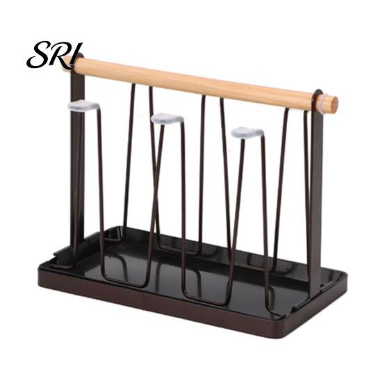 Nordic Style Cup Holder Iron Drying Rack with Wood Handle & Drip Tray Baby Bottle Plastic Dryer Space-Saving Countertop Organizer for Mugs Glasses
