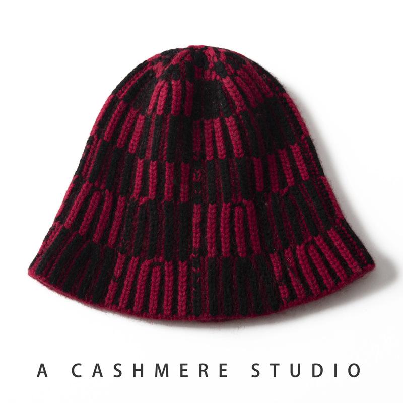 New color matching plaid cashmere knitted fisherman hat women's striped dome warm face small cashmere basin hat
