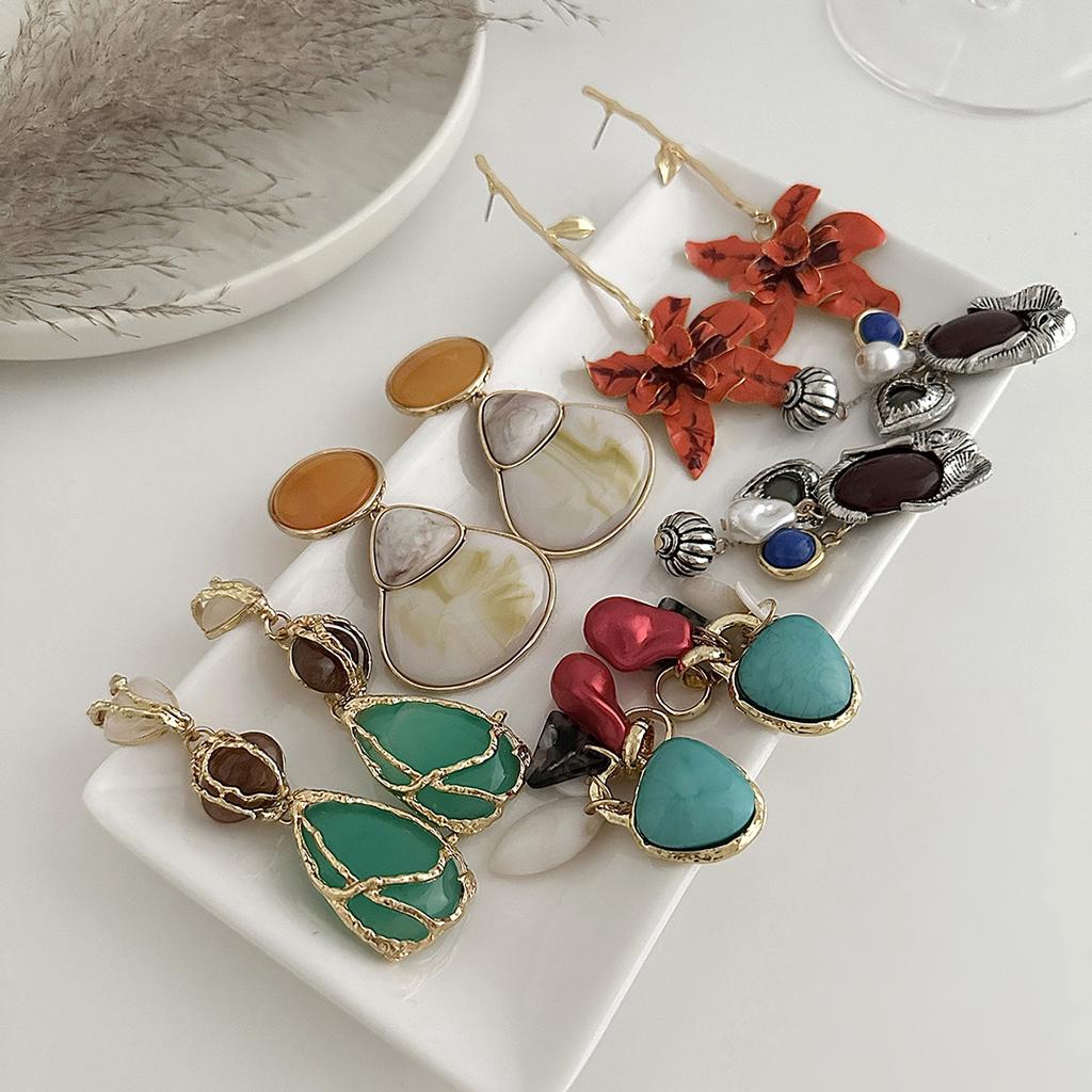 Salircon 5 Styles Retro Hollowout Round Drop Earrings Women Boho Acrylic Bead Tassel Pendant Earring Trendy Jewelry Accessories