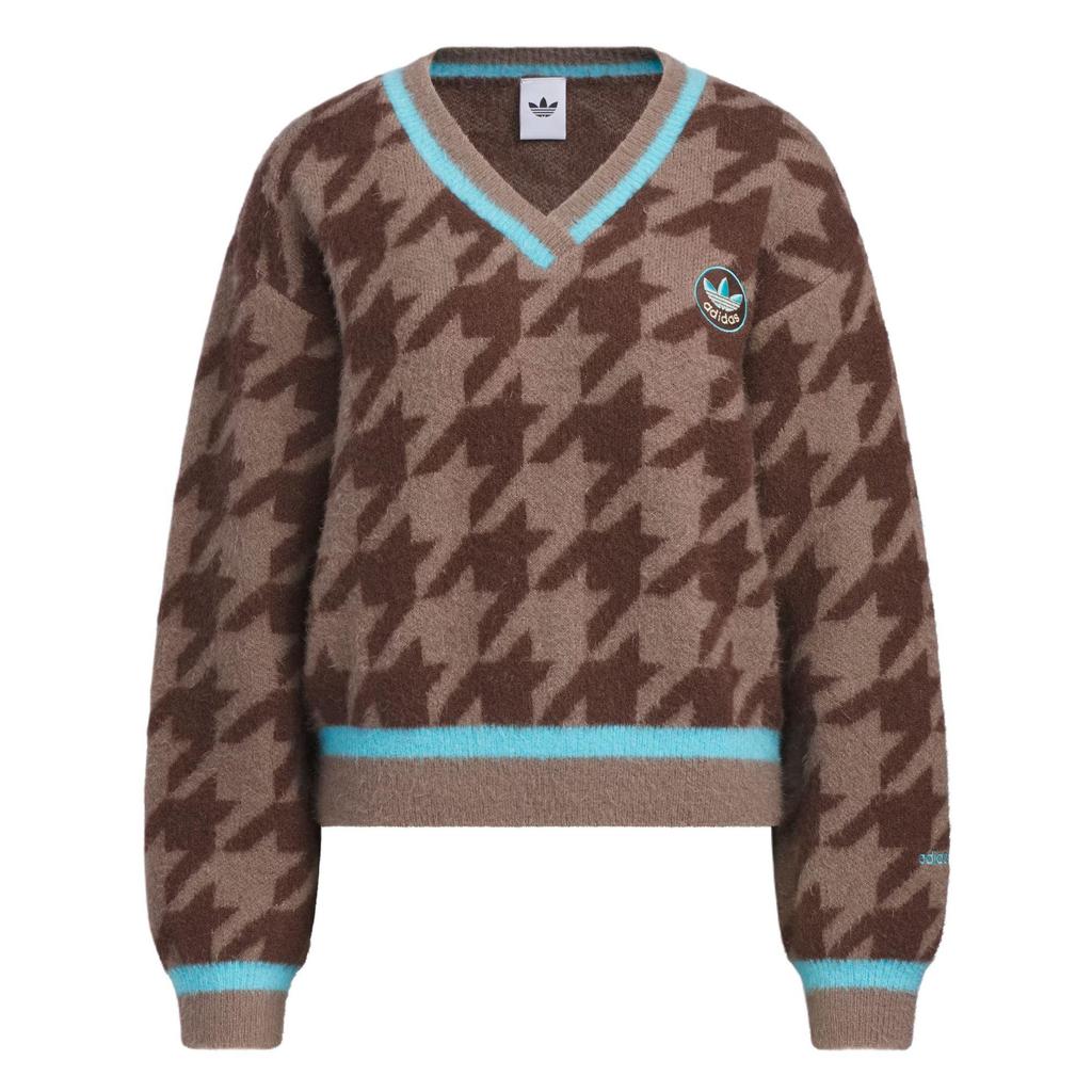 Adidas Originals FW25 Houndstooth V-Neck Knit Sweatshirt Women's Long Sleeve Top KC2688