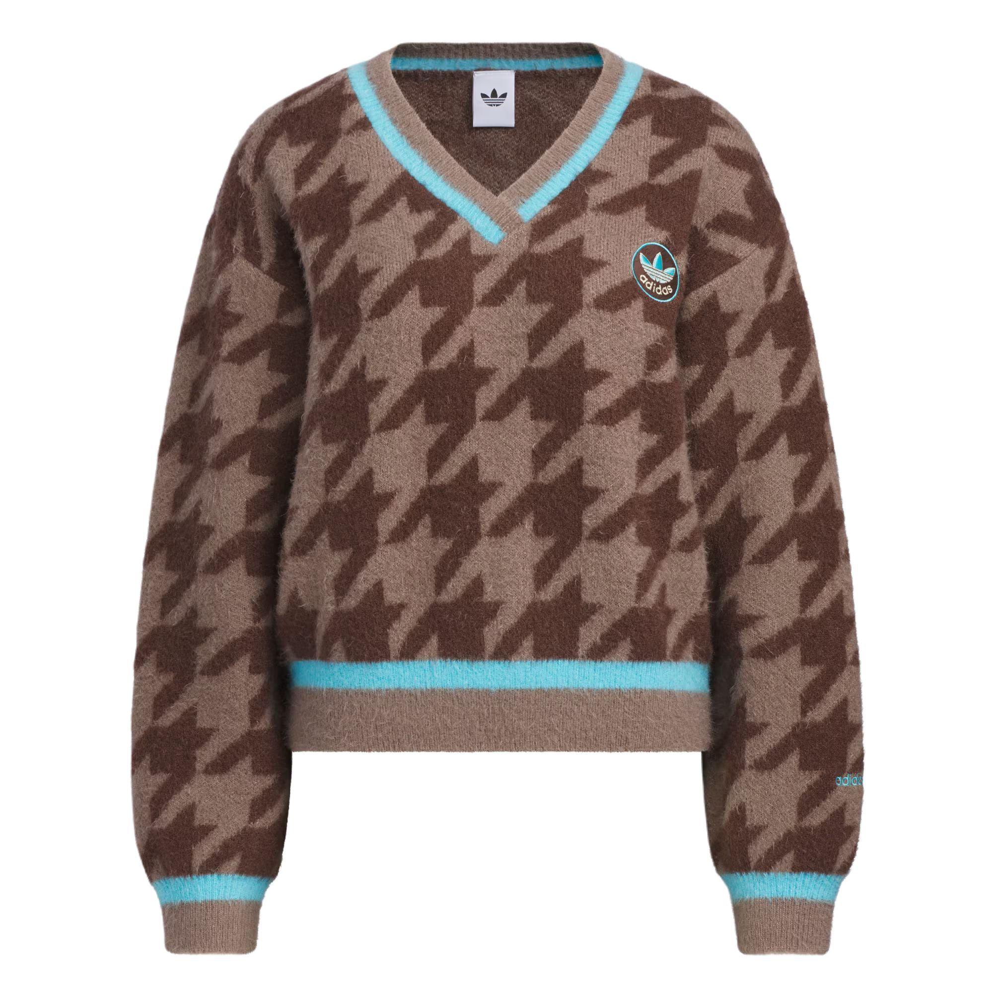 Adidas Originals FW25 Houndstooth V-Neck Knit Sweatshirt Women s Long Sleeve Top KC2688 XS