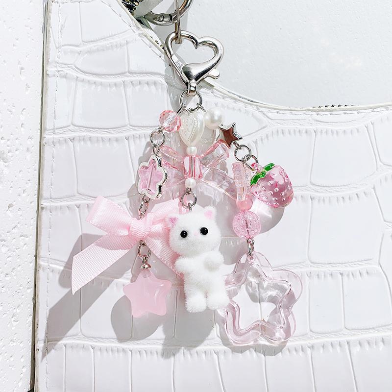 Creative Cute Flocked Kitten Strawberry Pendant Keychain Sweet Animal Keyring Backpack Decoration Accessories Best Friend Gifts