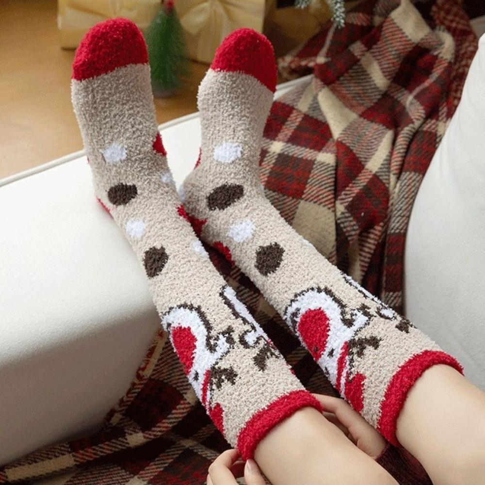 Snowflake Elk XmasTree Christmas Stocking Coral Fleece Thicken Floor Socks Fluffy Socks  For Women