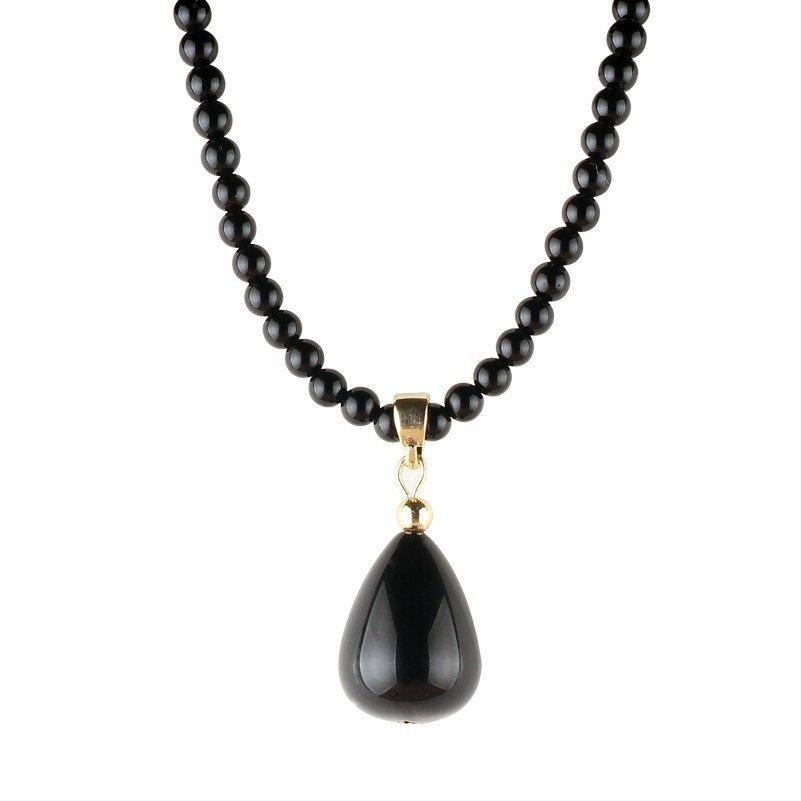 GEMCHIC Women s Natural Black Agate Teardrop Pendant Necklace Beaded Choker Chain Elegant Collarbone Jewelry