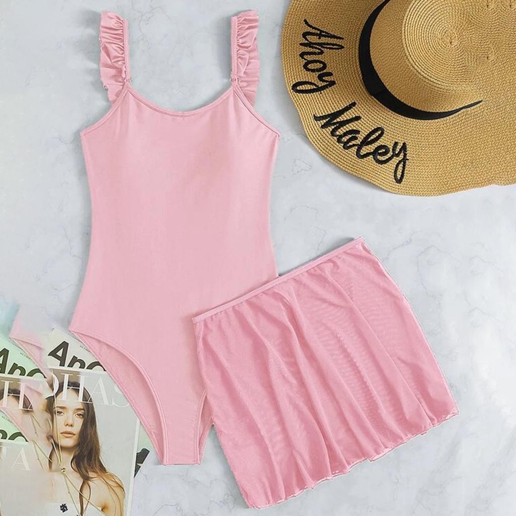 Women's Summer Solid Color Backless Tie Waist One-Piece Swimsuit with Skirt Two-Piece Set Swimwear Beachwear