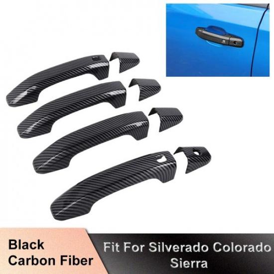 8pcs For Chevy Silverado 19+ Exterior Side Door Handles Trim Cover Shell Carbon