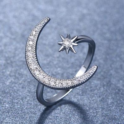 Accessories: White Diamond Crescent Star Moon Ring with Adjustable Opening for Women