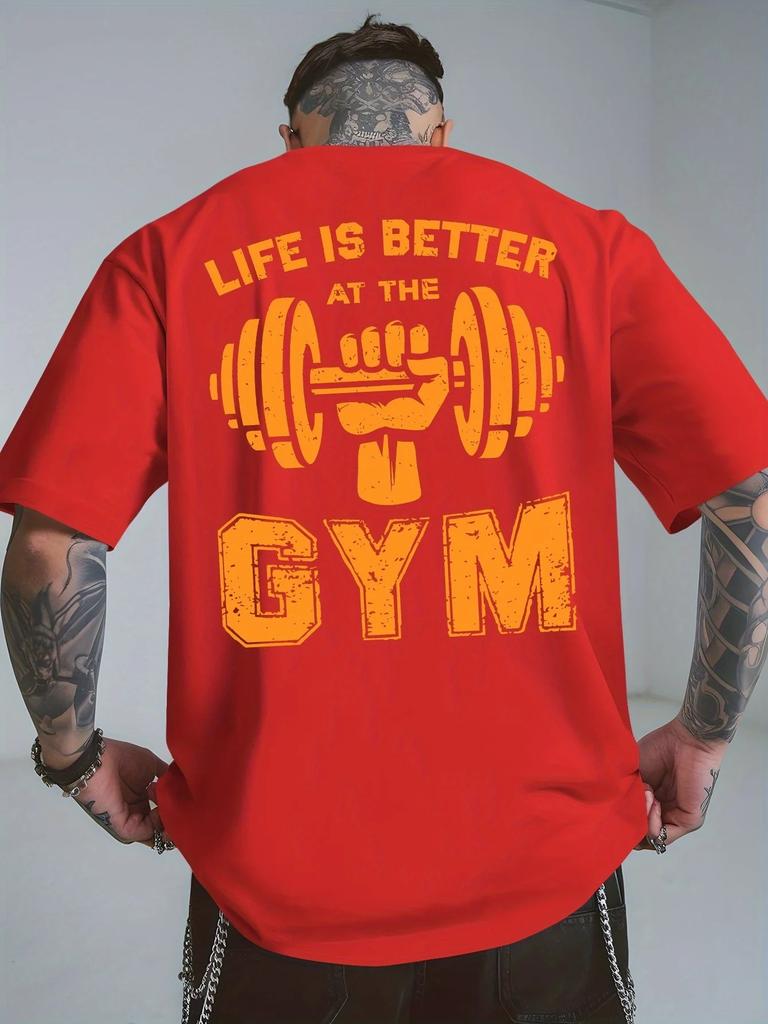 Oversized Short-Sleeve T-Shirt Featuring Vintage Distressed Graphic Print with the Phrase "LIFE IS BETTER AT THE GYM" and a Bold Illustration