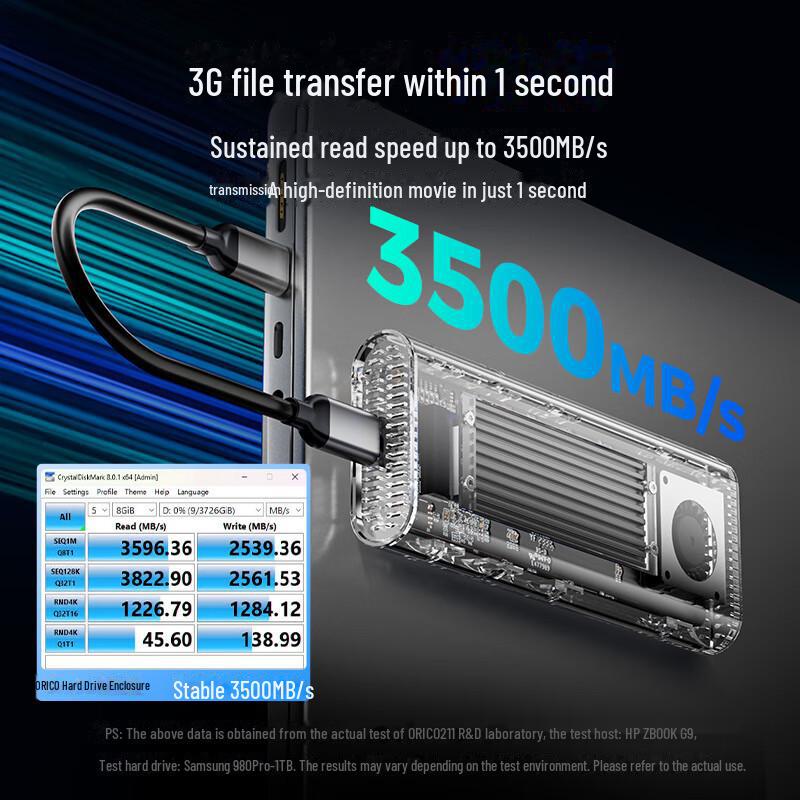 Carcasă externă Orico USB4 M.2 NVMe pentru SSD, compatibilă cu Thunderbolt 4/3 și răcire cu ventilator
