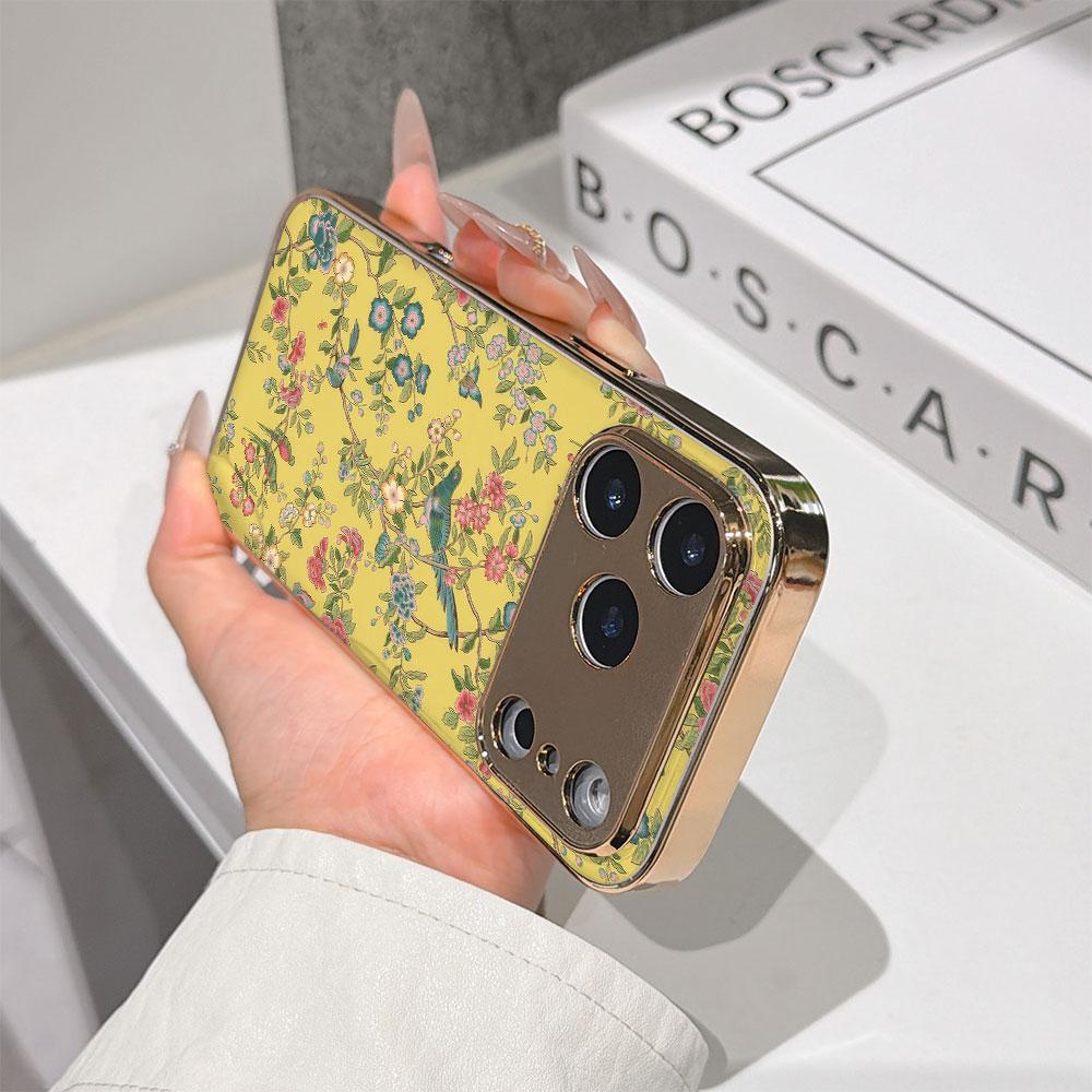 Lucky Start Phone Case For iPhone 17 16 15 14 13 12 11 Pro Max 16E Gold Electroplated Glass Shell Chinoiserie Garden Cover