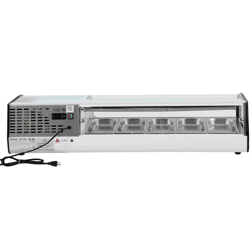 Sushi Display Case Refrigerator, 52L Commercial Sushi Case, 5-Pan Countertop Showcase with Curved Glass, LED Lighting, and Digital Temperature