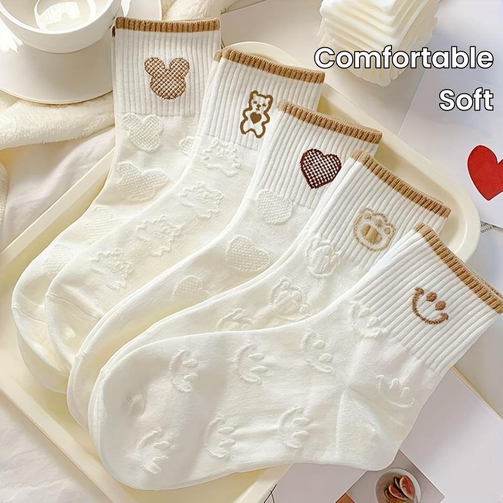 5 Pairs of Women's Mid Length Socks, Knitted, Comfortable, Soft, Casual Socks for Warmth, Winter Outdoor Sports Socks, Cute Little Bear