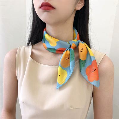 Women's Digital Printing Silk Scarf: Small Square Floral Pattern Versatile Necktie Korean-style Student Scarf Spring/Autumn Neck-protective Neck Wrap