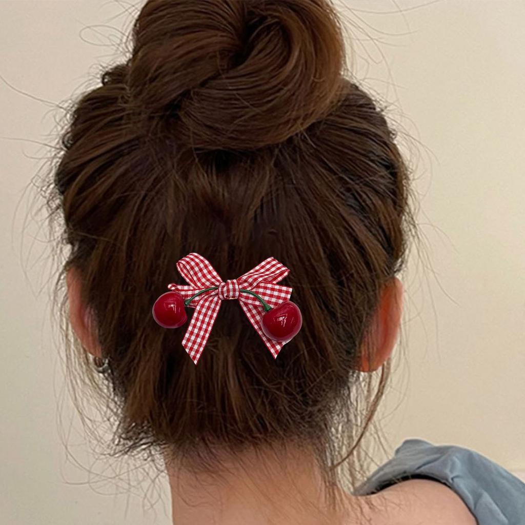 Pack of 2 Checked Bows Cherry Hair Clip with Metal Teeh Grip NonSlip Lovely Barrettes for Girls Women Everyday Wear