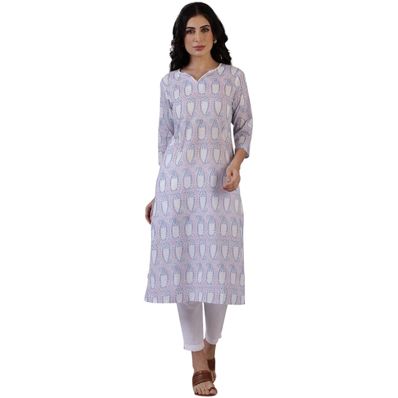 W for Woman Off-White Floral Printed Pure Cotton Straight Kurta (Size: L)-W12334-125456