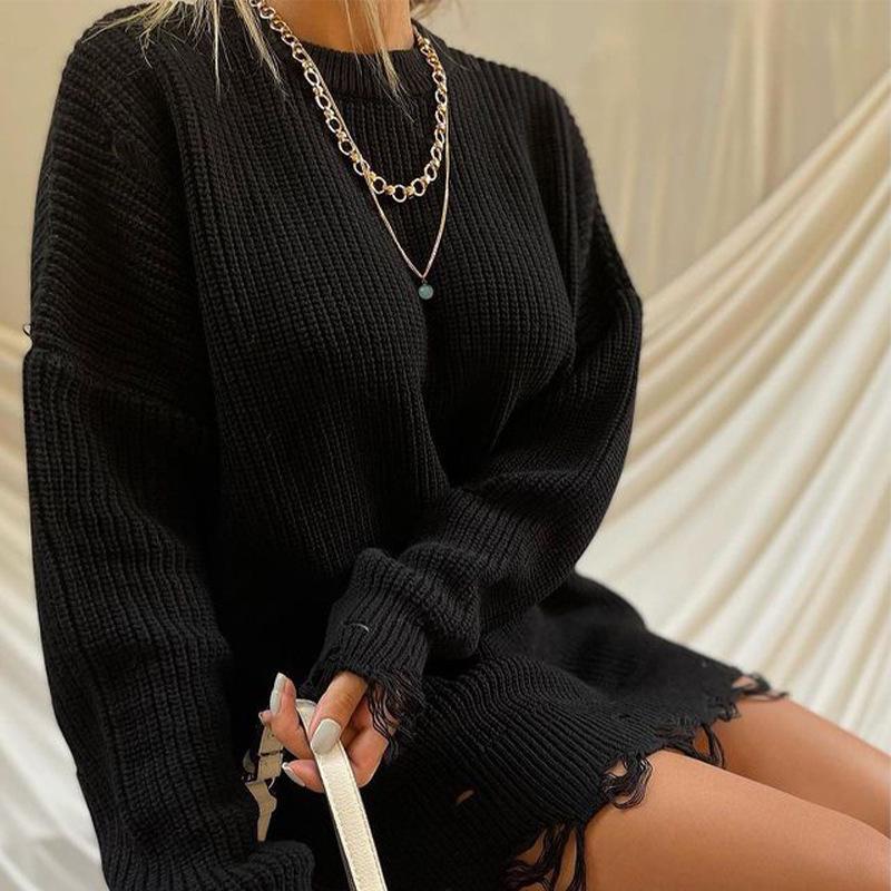 Women's Autumn/Winter Solid Color Ripped Knit Sweater Dress - Round Neck, Long Sleeve, Mid-Length Pullover