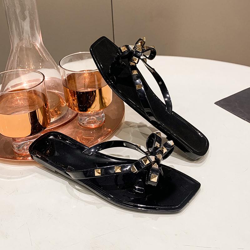 Fashion 2025 Women's New Square Head Rivet Bow Flat Bottom Slippers for  Outwear Beach Slippers and Sandals